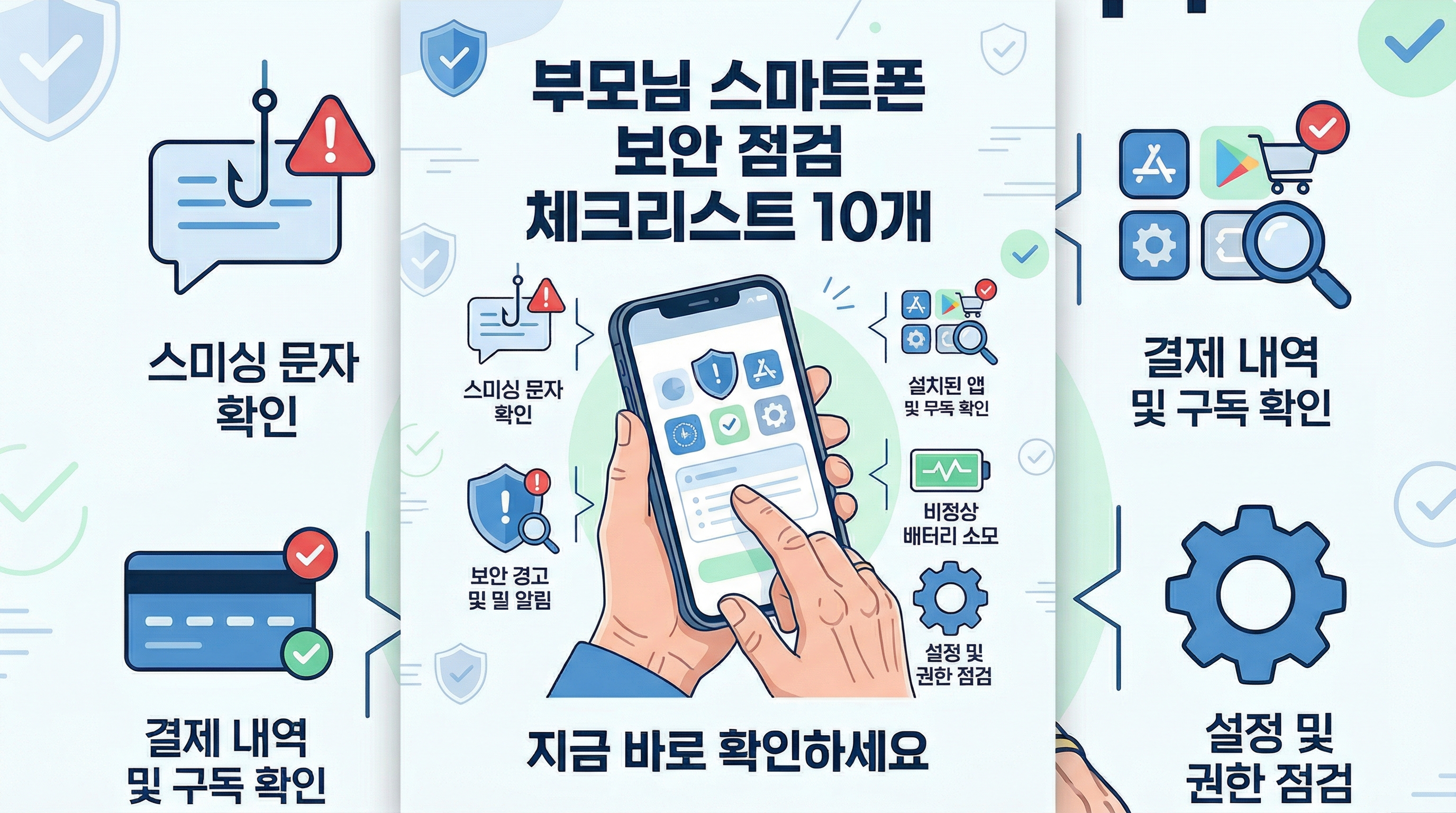 부모님 스마트폰에서 점검해야 할 보안 체크리스트 10가지를 정리한 인포그래픽
