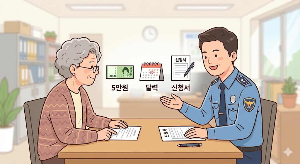 행정복지센터에서 공공 실버주택 입주 상담을 받고 있는 어르신과 공무원 일러스트