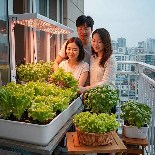옥상 정원을 조성해 배추와 상추를 재배