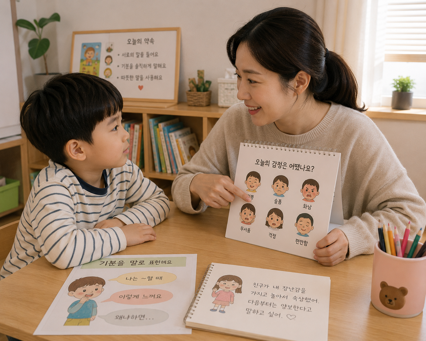 엄마와 감정교육을 하고있는 아이