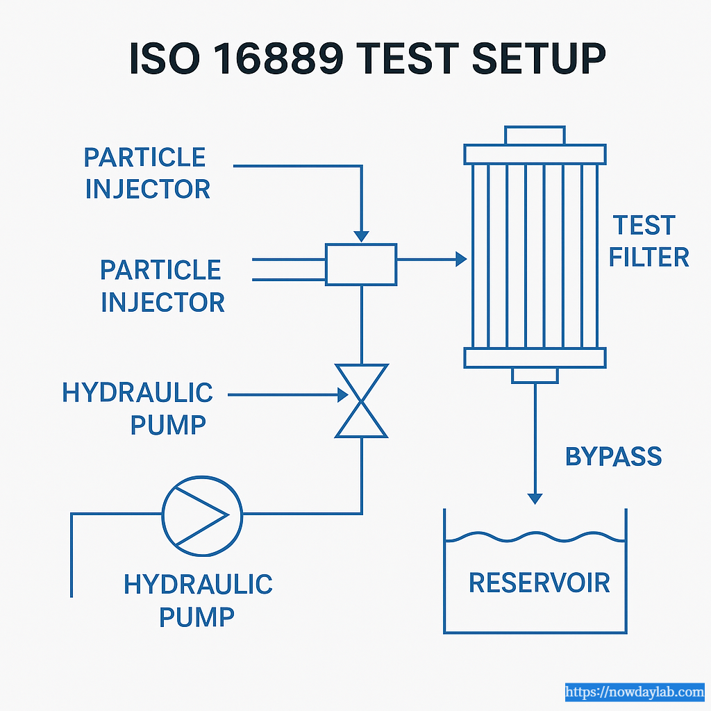 ISO 16889 multipass filtration test setup schematic