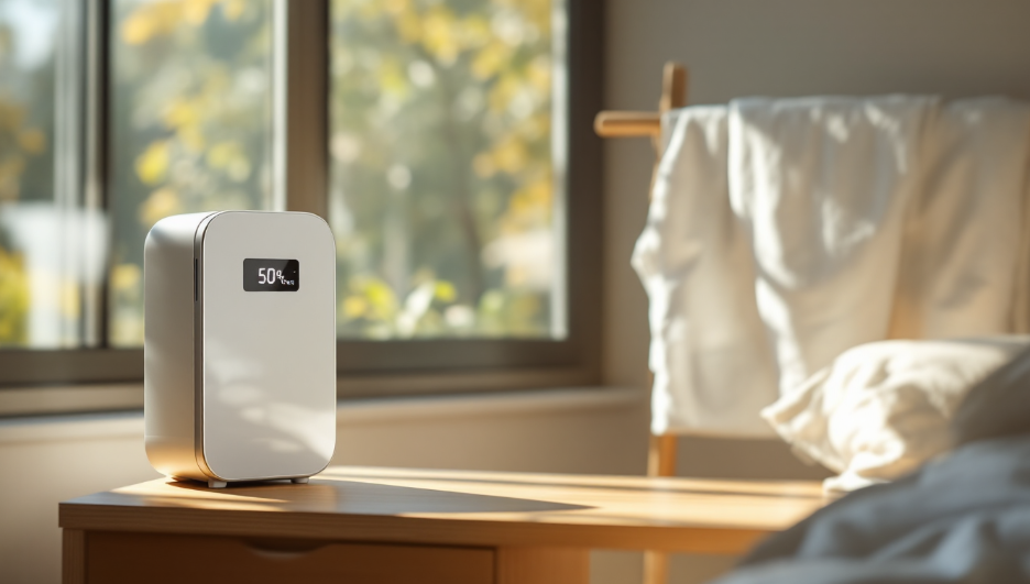 공기청정기 작동 중인 깨끗한 실내와 40~60%로 유지되는 습도, 햇볕에 말리는 침구류
