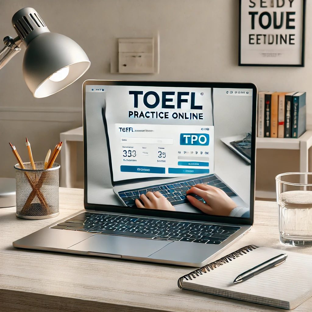 TPO 플랫폼을 노트북으로 사용하는 학생, 깔끔한 책상과 최소한의 공부 공간