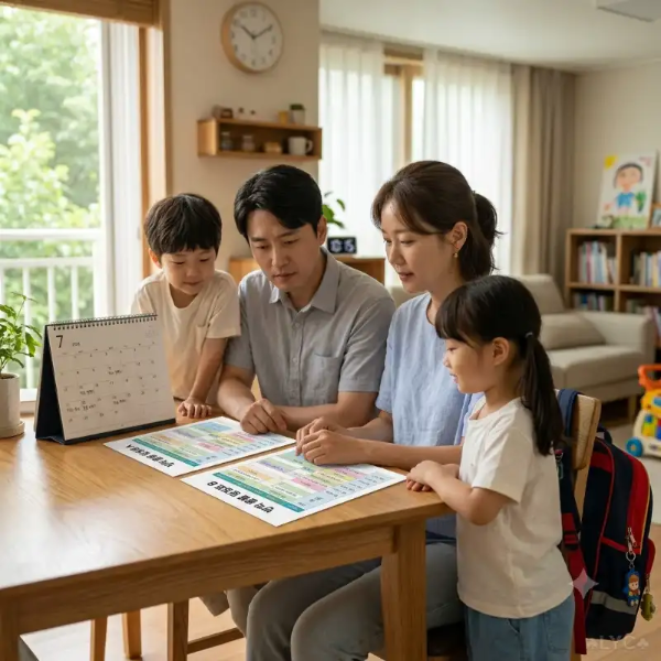 여름방학 돌봄센터 시간을 비교하는 가족