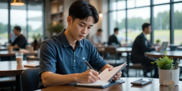 카페에서 스크린골프 월 이용 비용을 계산 중인 남성.