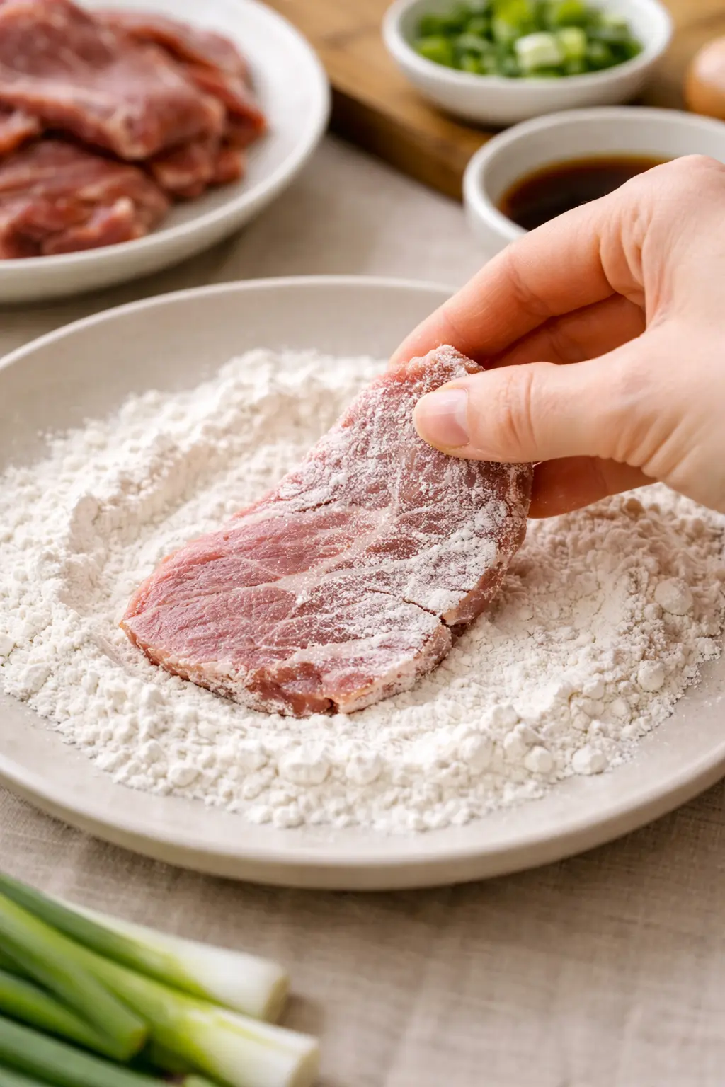 소고기에 밀가루를 얇게 묻히는 과정