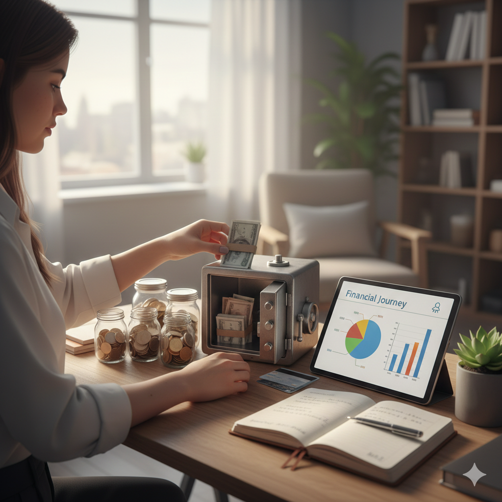 밝은 거실 책상에 앉은 여성이 작은 금고에 지폐를 넣으며 자산을 정리하고 있어요. 책상 위 태블릿에는 재무 여정이라는 제목의 파이 차트가 있고, 앞에는 꼼꼼하게 적힌 가계부 노기 기록되어 있어요.