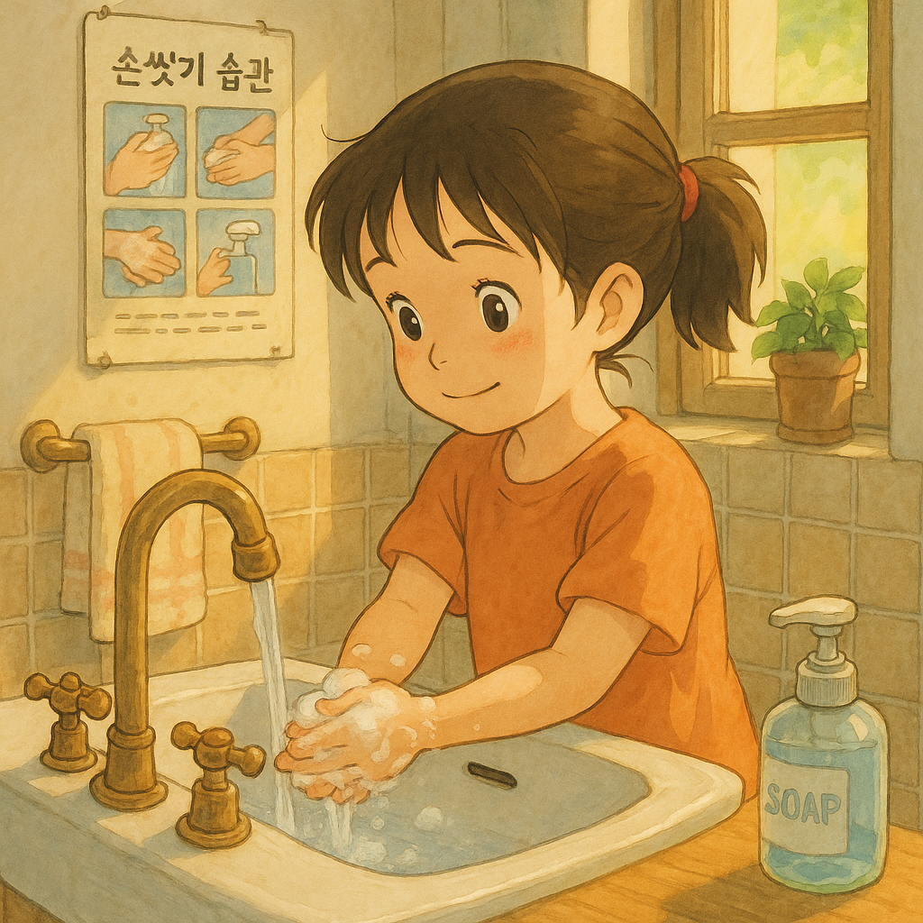 손을 비누로 꼼꼼히 씻는 어린 아이