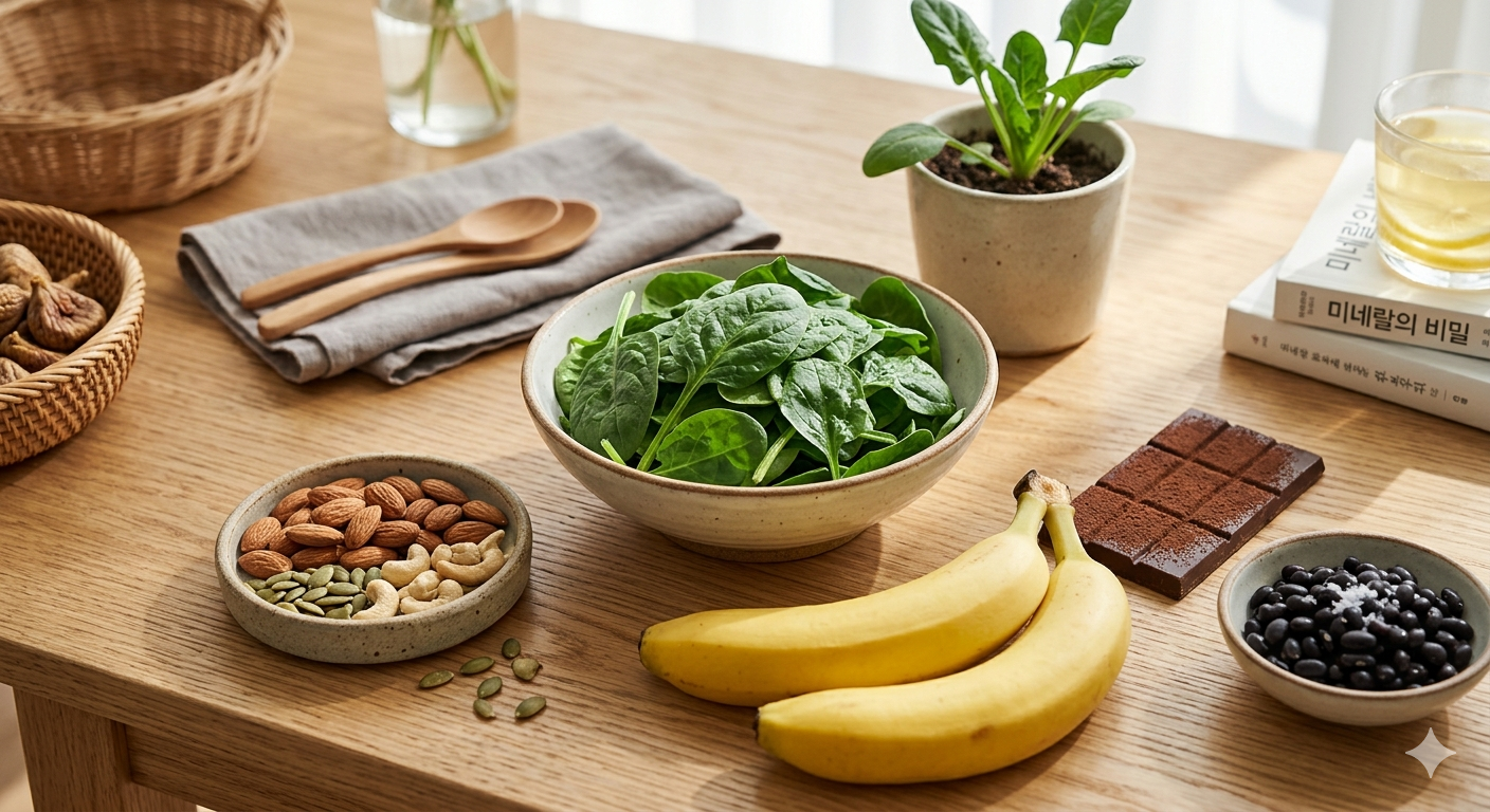 햇살이 비치는 나무 테이블 위에 놓인 마그네슘이 풍부한 음식들 사진. 세라믹 그릇 가득 담긴 Raw baby spinach (시금치), stoneware 그릇에 담긴 raw almonds (아몬드)와 호박씨, 그리고 ripe yellow bananas (바나나)가 정갈하게 scattered 된 모습이 포함된 건강 블로그 이미지"