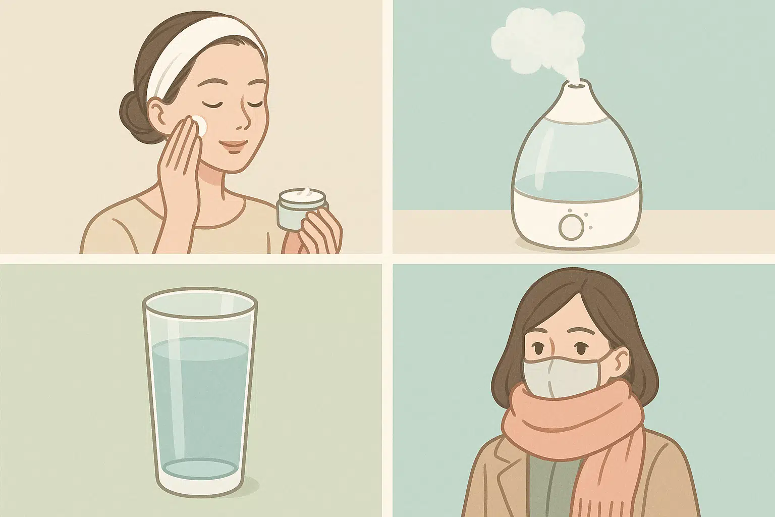 세안 후 보습제를 바르는 여성, 실내 가습기 사용 장면, 물을 마시는 컵, 목도리와 마스크로 얼굴 보호하는 모습