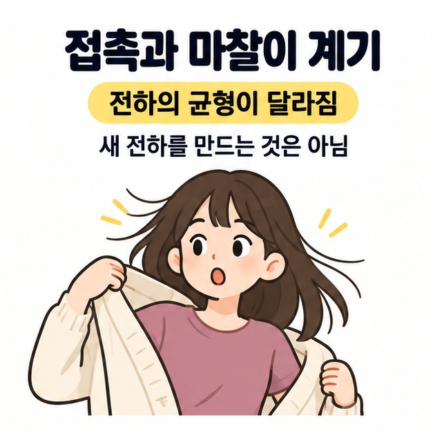 접촉과 마찰로 전하의 균형이 달라진다는 문구와 옷을 벗으며 머리카락이 뜨는 인물 그림