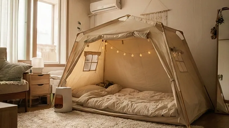 바닥 냉기를 막고 아늑함을 주는 러그와 난방 텐트가 설치된 방