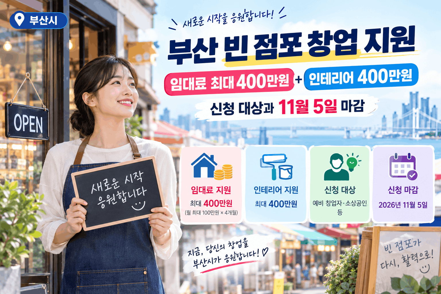 부산 빈 점포 창업 지원사업 임대료 최대 400만원과 인테리어 최대 400만원 지원, 신청 대상 및 2026년 11월 5일 마감 안내