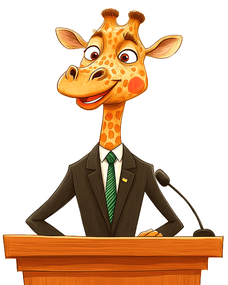 양복을 입은 기린이 강단 앞에 서서 말을 하고 있다. 정치인의 모습이다.