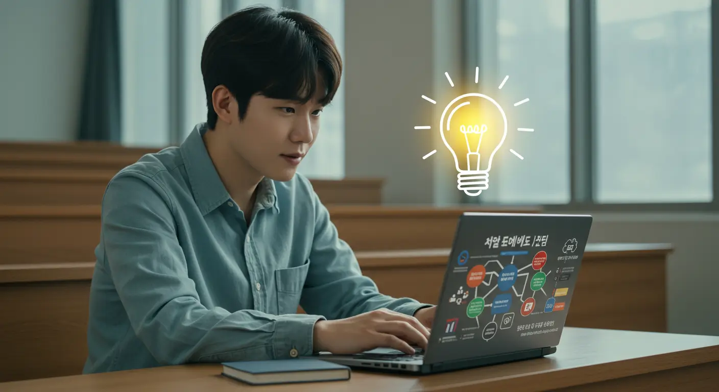 한 대학생이 강의실에서 노트북으로 자신의 창업 아이디어를 구체화하며, 정부 지원을 통해 꿈을 실현할 수 있다는 희망에 찬 표정을 짓는 모습