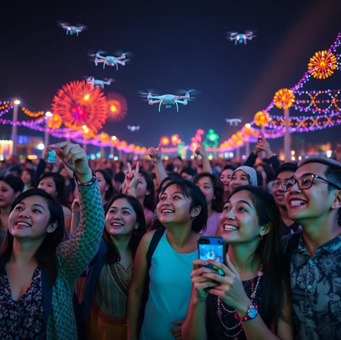 드론 불빛 쇼를 감상하는 관람객들의 모습