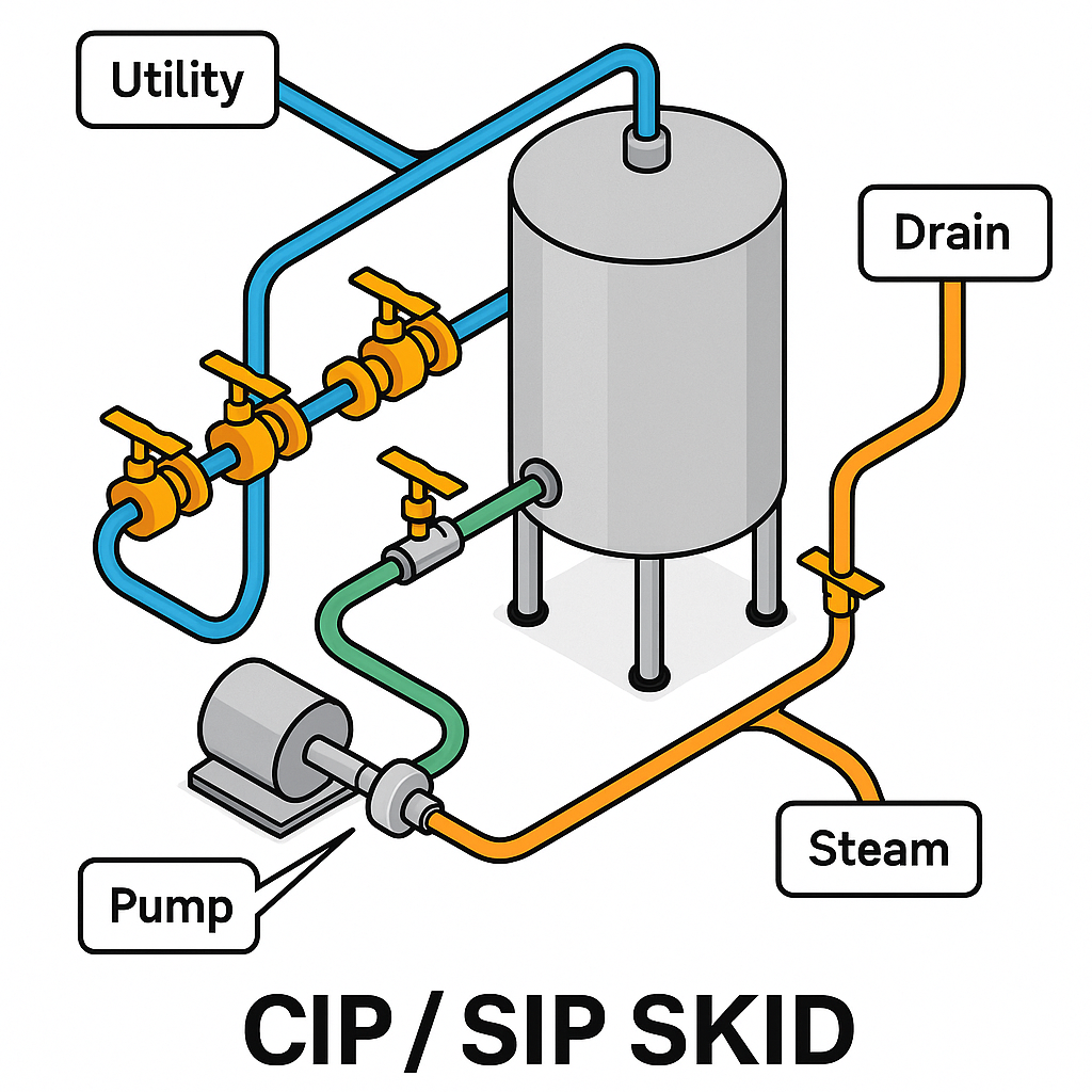 Isometric diagram of a CIP/SIP skid system showing utility, drain, steam, and pump flow paths