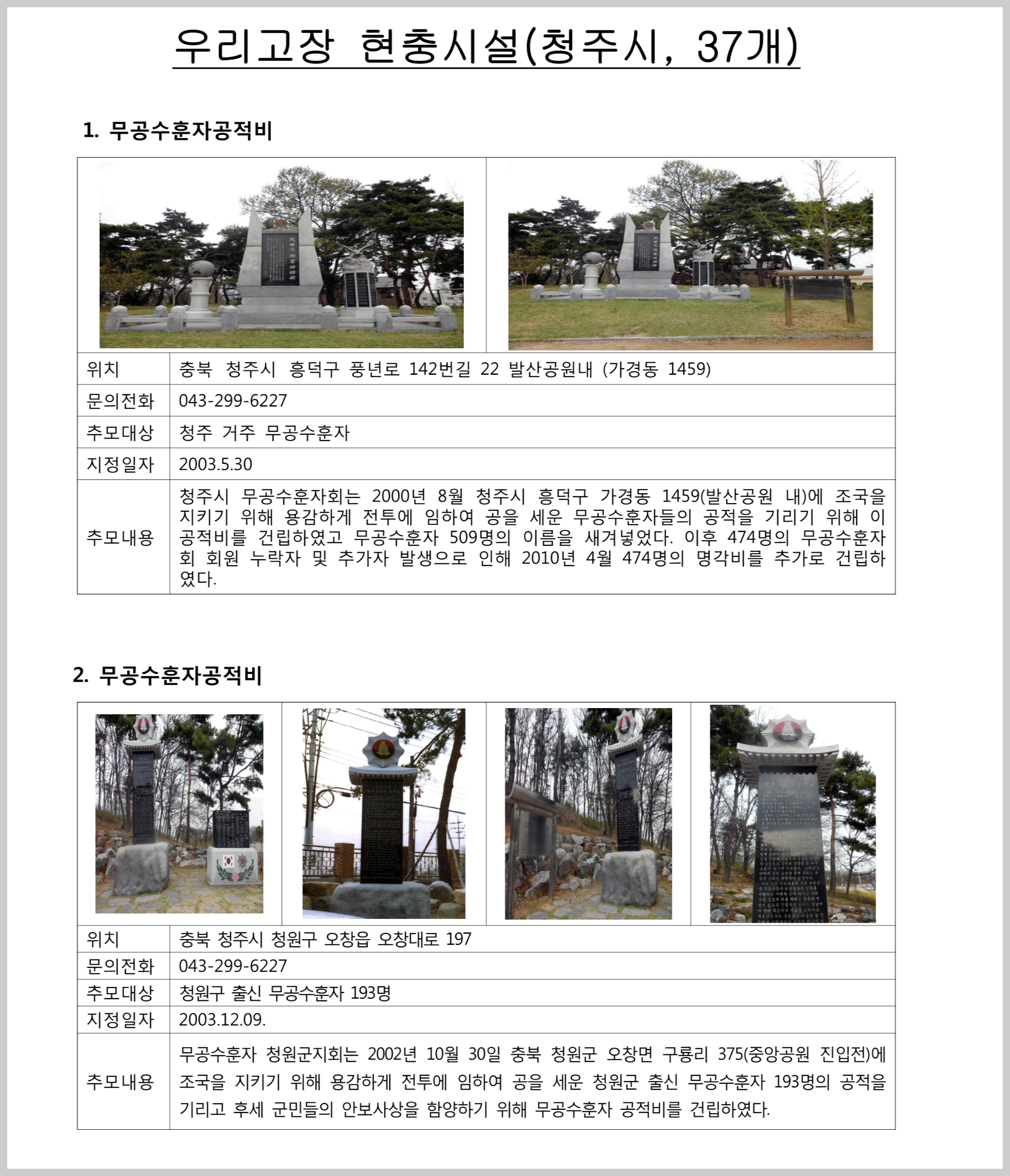 청주시 현충시설에 대한 안내