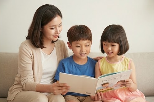 소파에 나란히 앉아 그림책을 보는 엄마와 아들, 딸