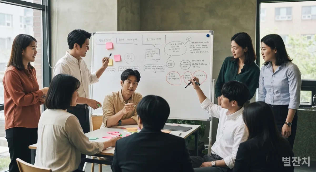 한국 젊은 전문가들이 강남의 친환경 사무실에서 지속 가능한 제품 개발 아이디어를 논의하는 모습