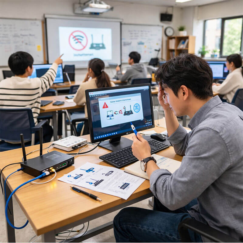 인터넷 연결이 끊긴 상황에서 컴퓨터 화면을 확인하며 네트워크 문제를 점검하는 교실 장면