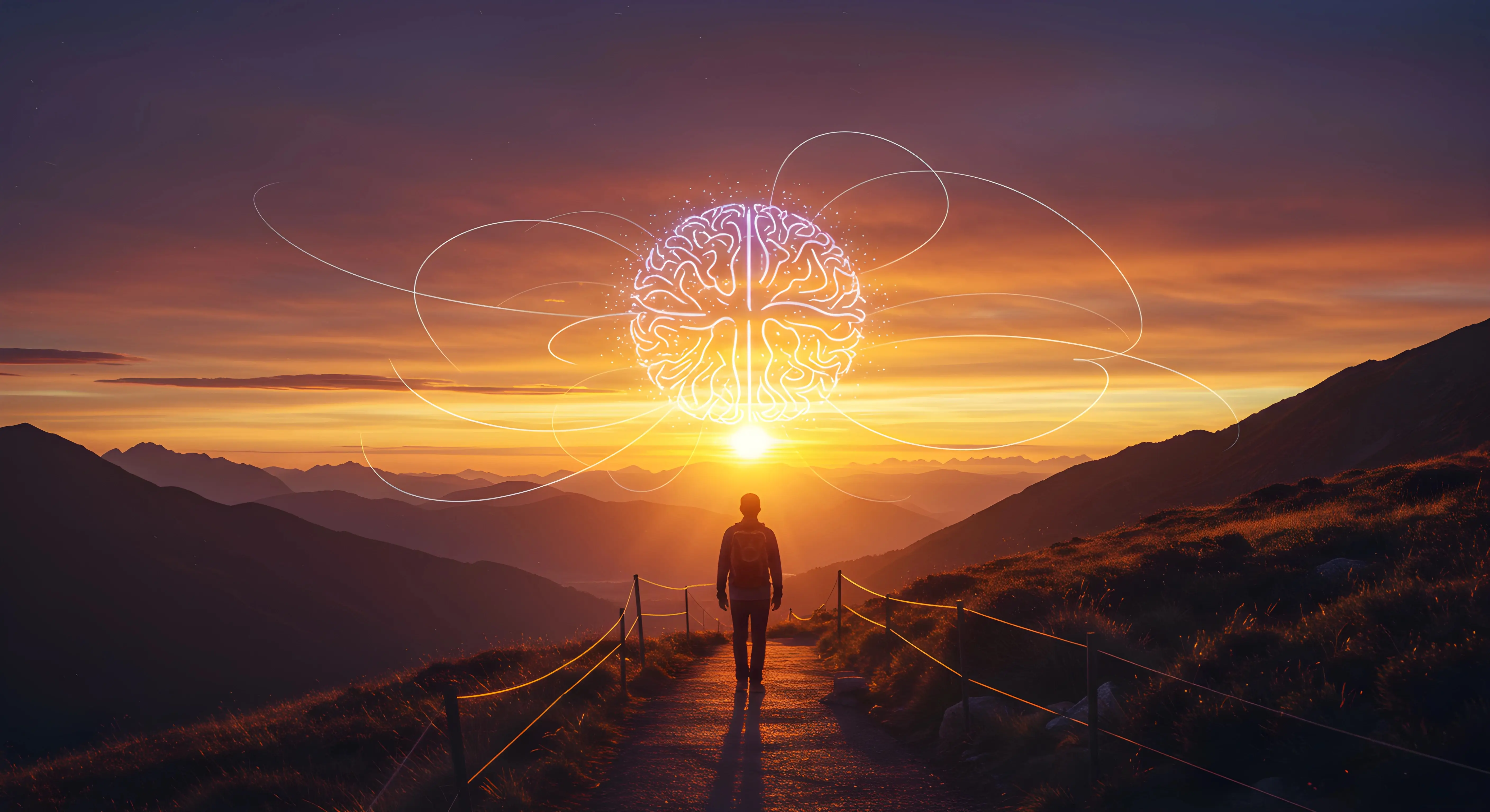 뇌과학 기반 긍정 확언을 주제로 한 이미지로, 황금빛 일몰 속 산길에 서 있는 사람의 뒷모습과 그 위로 빛나는 뇌 모양의 신경망 디자인이 보이며, 원형의 신경 회로와 같은 선들이 뇌를 둘러싸고 있다. 산맥과 따뜻한 오렌지색, 분홍색, 보라색 하늘을 배경으로 희망과 변화의 여정을 상징한다.