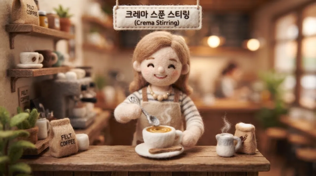 아늑한 양모 카페 미니어처 안에서 귀여운 펠트 인형 바리스타가 흰색 에스프레소 컵 위의 황금빛 크레마를 은색 스푼으로 부드럽게 젓고 있는 모습