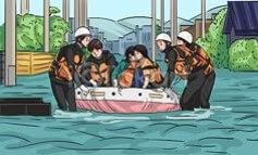 홍수가-나서-구조대원들이-보트에-사람들을-태워서-구조하는-모습