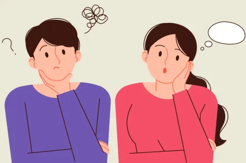 두 남녀가 영어 공부하면서, 어려워하고 있음