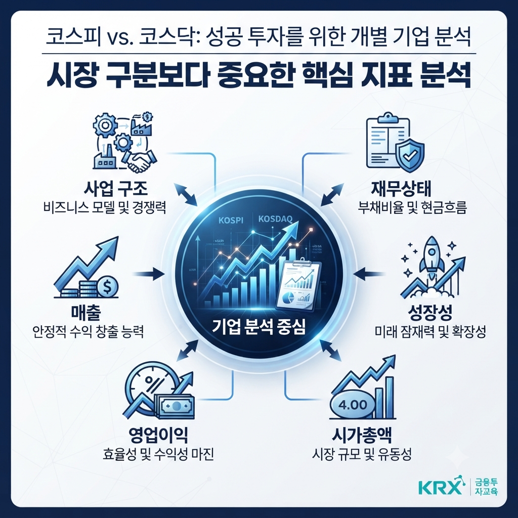 코스피와 코스닥 투자 시 확인해야 할 기업 분석 기준을 정리한 인포그래픽