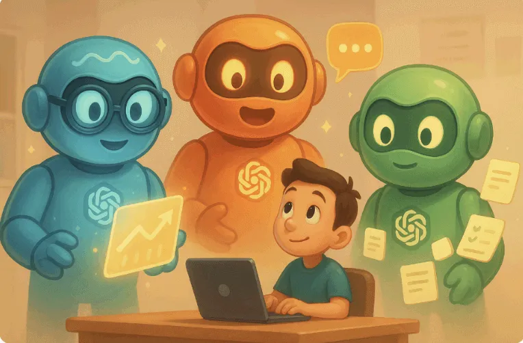 GPTs AI 도우미들이 사용자를 돕는 장면을 담은 이미지. 이 이미지는 노트북 앞에 앉은 사용자를 중심으로, 차트, 대화, 문서 작업을 담당하는 GPT 캐릭터들이 각자 역할을 수행하는 모습을 통해 GPTs의 다양한 기능과 협업을 시각적으로 전달하며, 블로그의 'GPTs 제작 및 활용 가이드'와 관련된 내용을 설명함 (gpts ai assistants illustration)