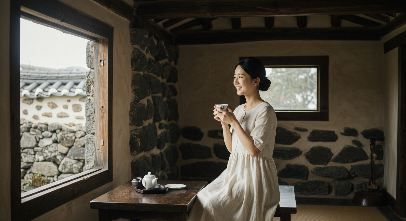 제주 돌담집에서 차를 마시며 휴식하는 여성의 모습