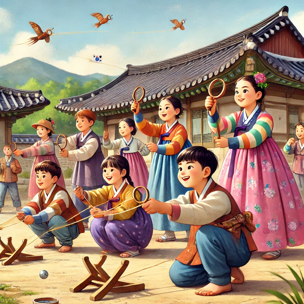 설날 어린이와 어른이 함께하는 투석기 놀이