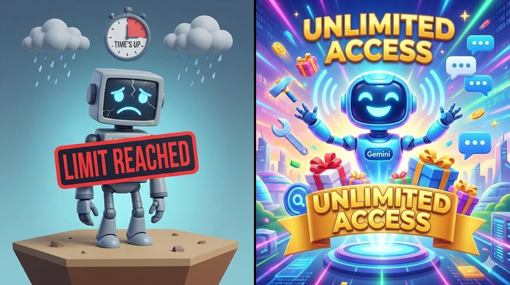 챗GPT의 사용 제한과 구글 제미나이의 무제한 무료 기능을 비교한 일러스트. 왼쪽의 슬픈 로봇은 제한을, 오른쪽의 기쁜 제미나이 로봇은 무제한 기능을 상징한다.