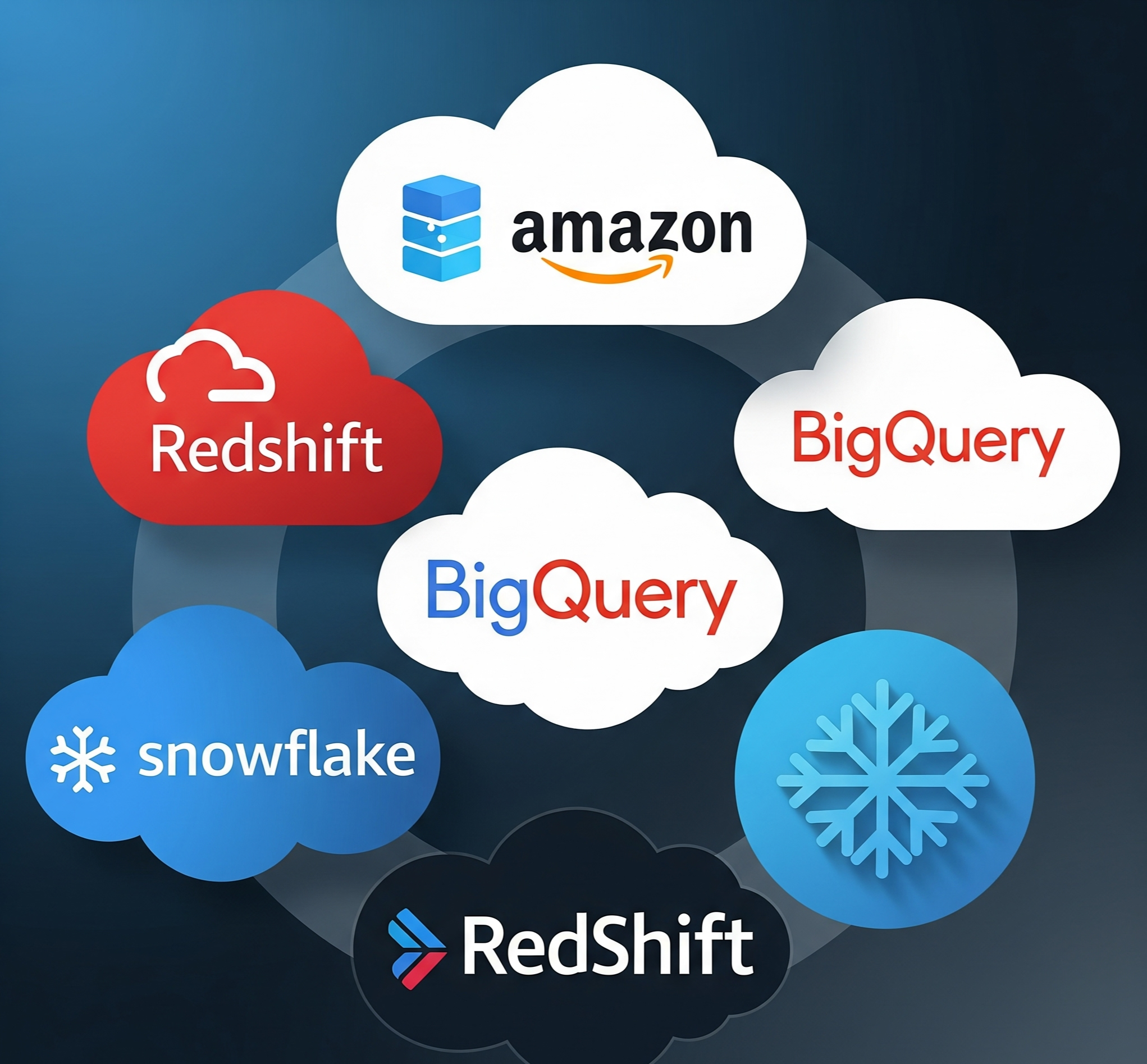 Amazon Redshift, Google BigQuery, Snowflake 등 컬럼 기반 저장 방식을 사용하는 주요 클라우드 데이터 웨어하우스 서비스 로고 모음