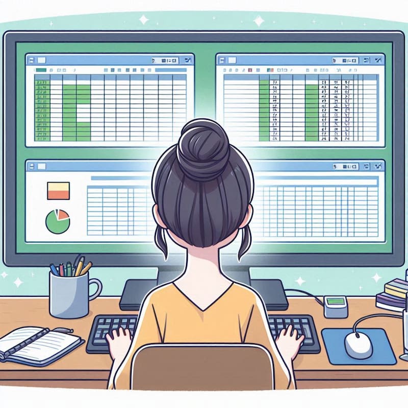 여성이 모니터에 여러 개의 엑셀 스프레드시트를 동시에 띄워 놓고 집중하여 컴퓨터 작업을 하는 일러스트
