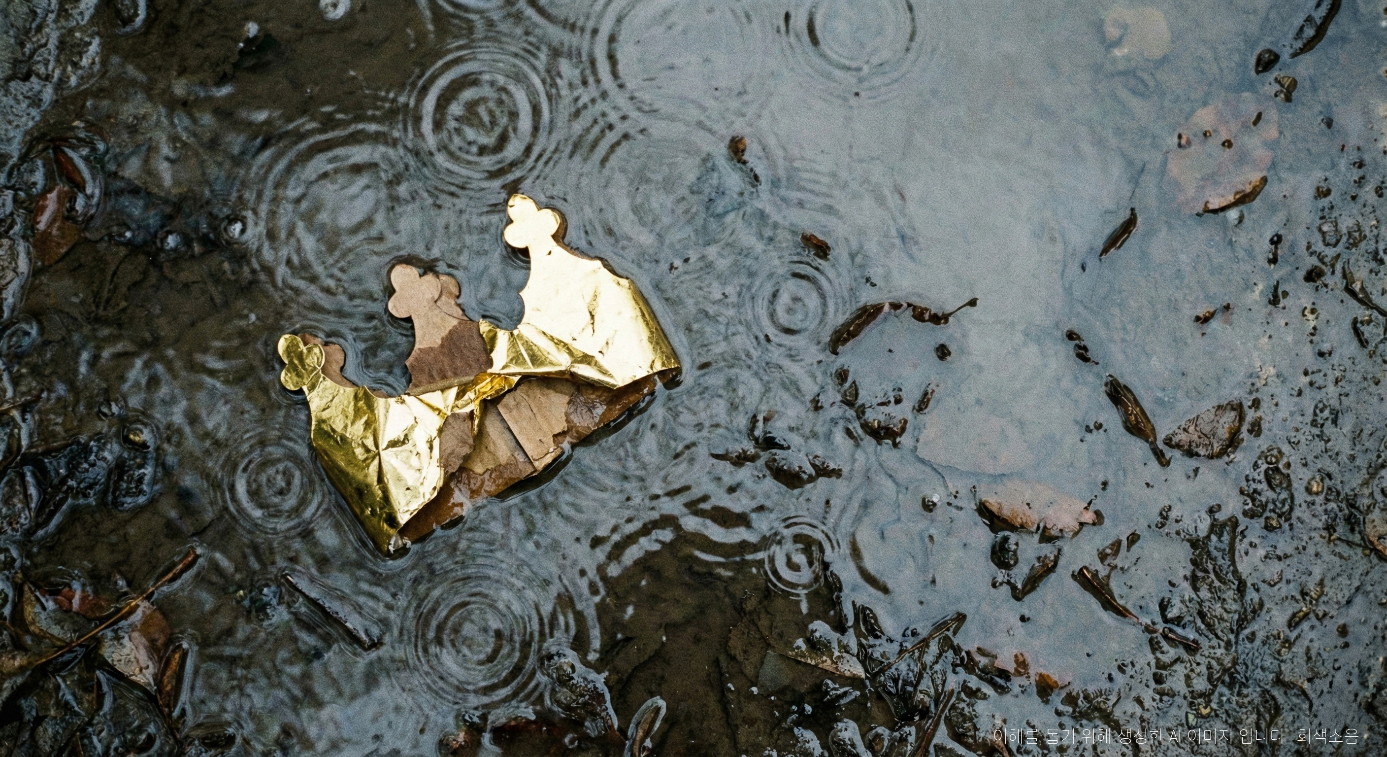 찌그러진 권력 : 진흙 웅덩이에 반쯤 잠긴 싸구려 종이 왕관이 빗물에 일그러지며 벗겨진 금빛과 젖은 판지가 드러나는 차갑고 씁쓸한 매크로 장면.