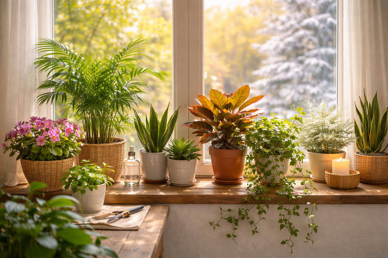 창가에 다양한 화분이 놓여있는 사진