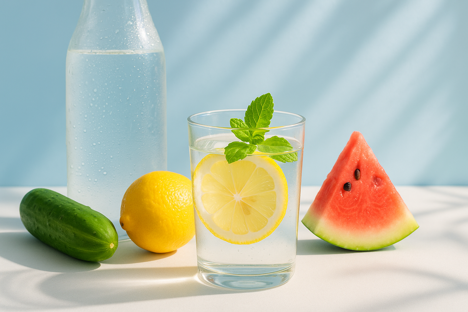 여름철 건강한 물 마시기를 표현하는 밝고 상쾌한 이미지