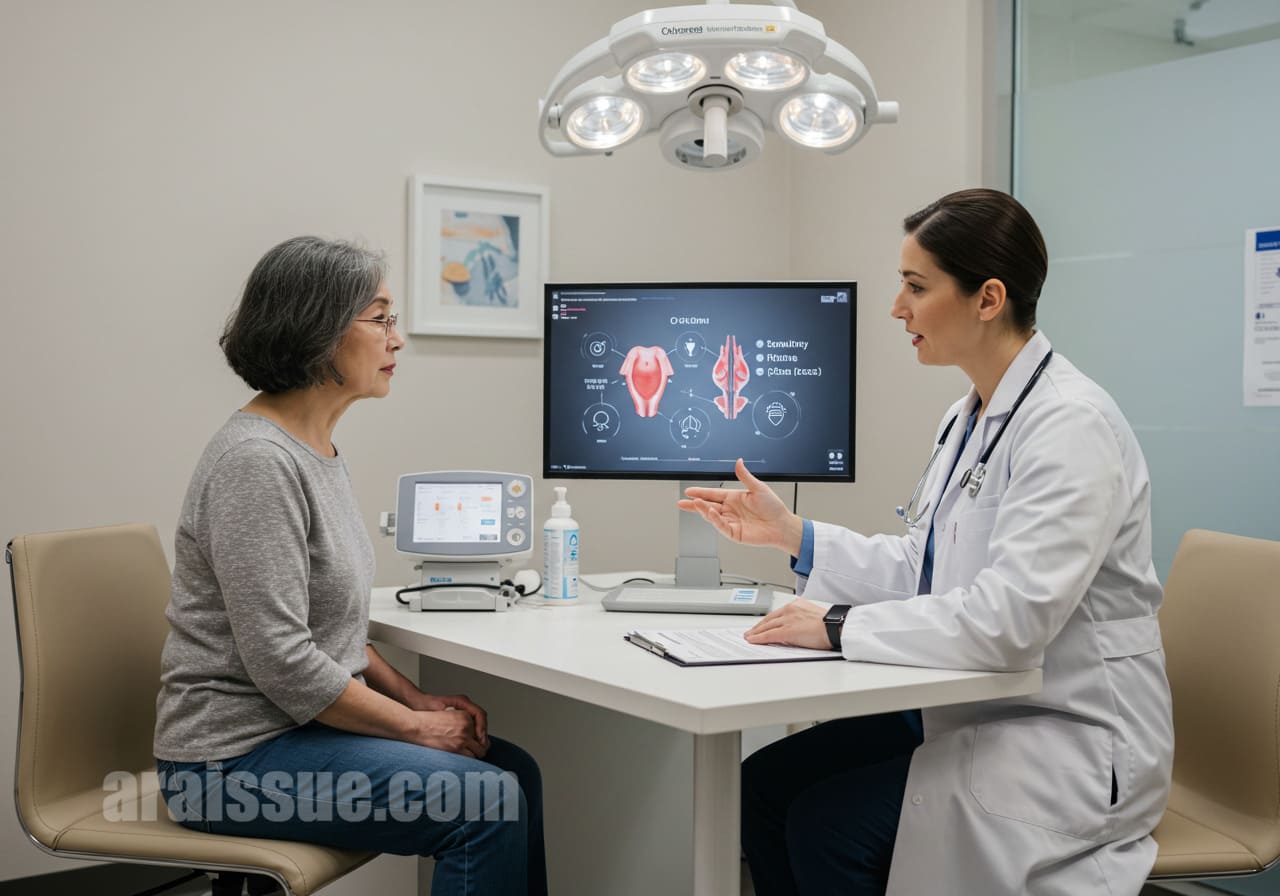 자궁근종 2cm 이하의 작은 근종에 대해 의사가 치료 옵션을 설명하는 모습. 환자는 디지털 화면을 통해 정보를 듣고 있으며, 현대적인 병원 실내가 배경으로 보인다.