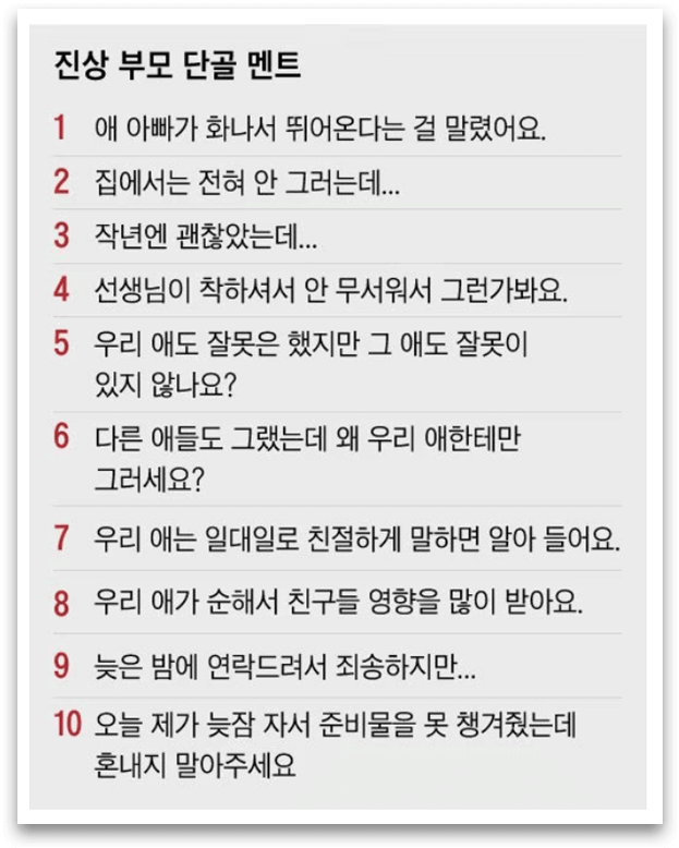 진상 부모 체크, 테스트, 단골멘트