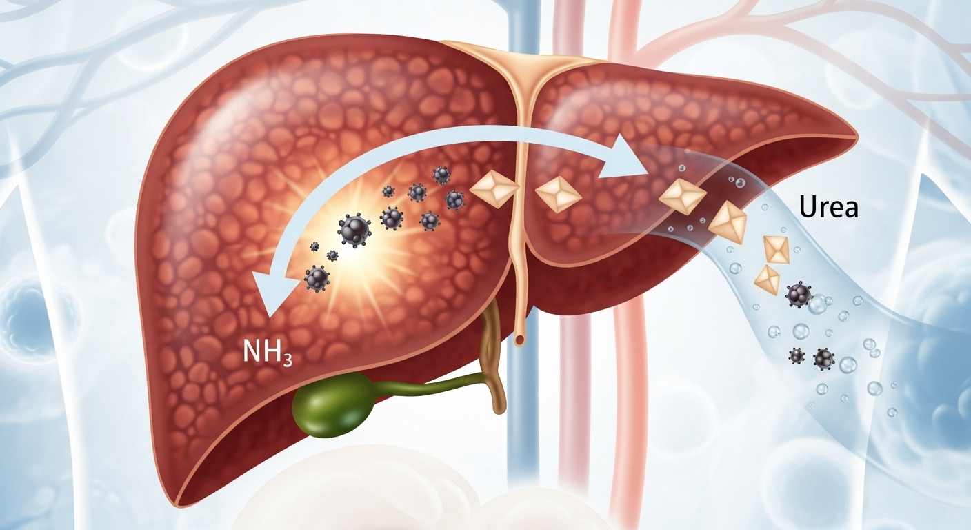 간에서 암모니아 독소를 요소로 전환하여 해독하는 과정을 나타내는 과학적이고 깔끔한 삽화 이미지.