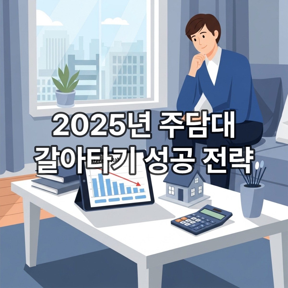 2025년 고금리 시대에 주택담보대출 갈아타기를 통해 이자 부담을 줄이고 금융 안정화를 이룬 모습을 상징하는 이미지