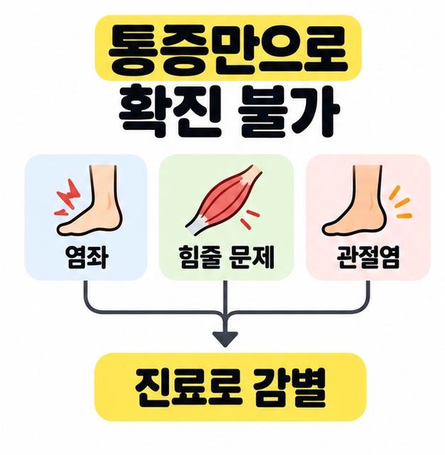 통증만으로 확진 불가 제목 아래 염좌, 힘줄 문제, 관절염의 세 묶음을 진료로 감별 문구로 연결한 이미지