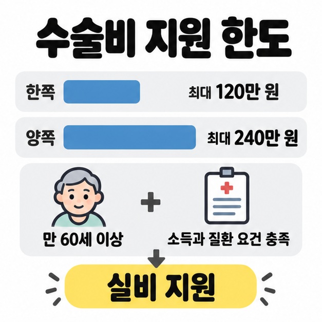 한쪽 최대 120만 원과 양쪽 최대 240만 원의 지원 한도를 막대로 비교하고 만 60세 이상 및 소득과 질환 요건을 표시한 그림