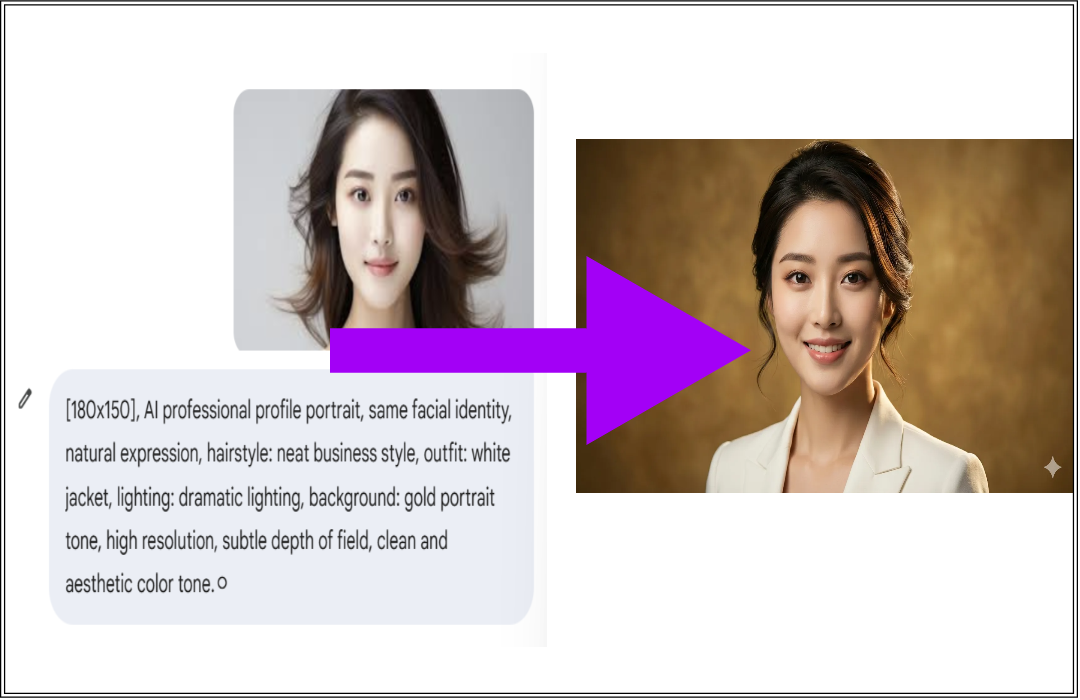 원본 얼굴을 유지한 채 AI로 비즈니스 프로필 스타일로 변환한 비교 이미지
