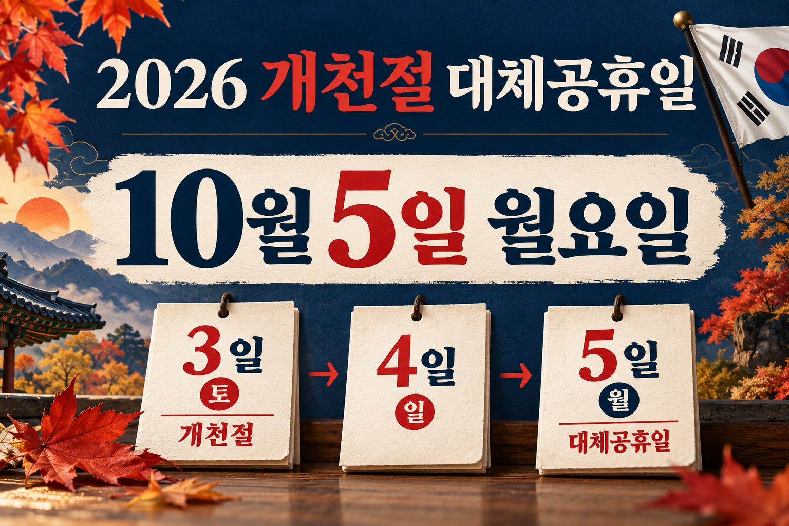 2026년 개천절과 일요일 다음인 10월 5일 대체공휴일을 표시한 그림
