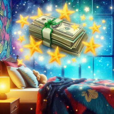 "침대 위에 떠오르는 돈을 나타내는 꿈의 이미지입니다."