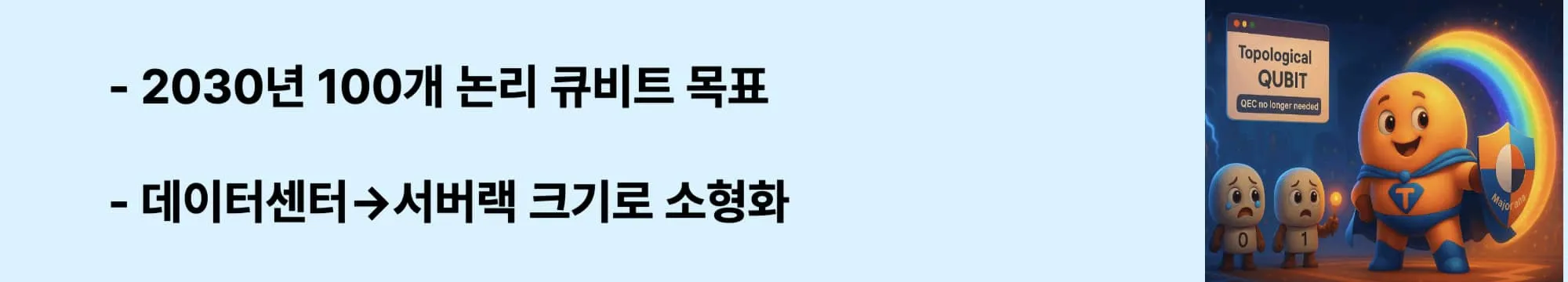 "2030년 100개 논리 큐비트 목표"라는 문구가 포함된 웹배너 이미지. 이 이미지는 토폴로지 큐비트의 단기 목표와 응용 전망을 시각적으로 전달하며, 블로그의 양자컴퓨팅 미래 계획과 관련된 내용을 설명함 (2030 logical qubits target)
