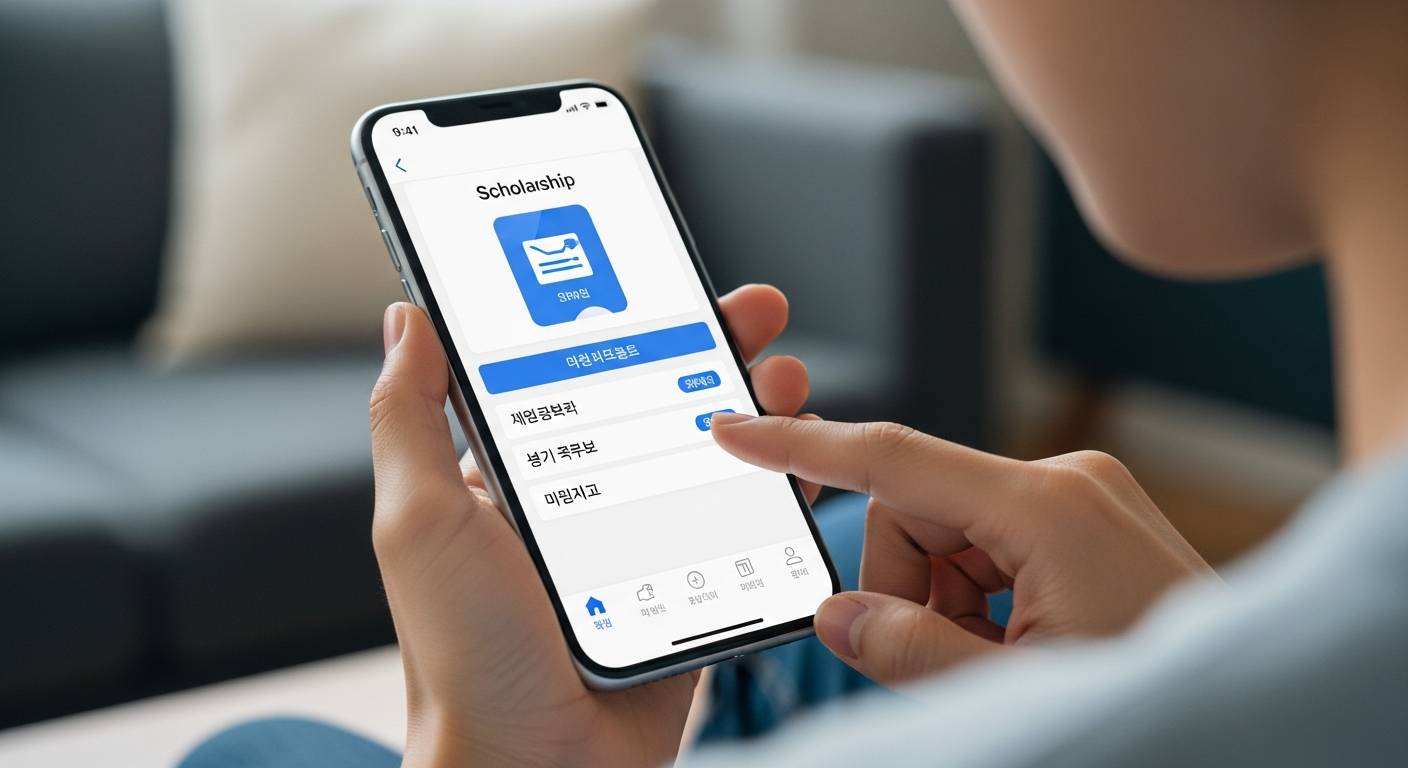 스마트폰을 이용하여 복잡한 서류 없이 3분 만에 국가장학금을 신청하는 모바일 화면 예시